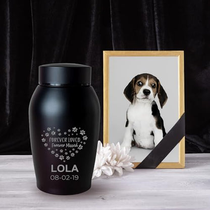 Personalized Cremation Keepsake Pet Ashes Urn Waterproof with Airtight Closure Customized Text Engraving Vase Container Memorial Dog Cat Funeral Decorative (Forever Loved, Forever Missed)