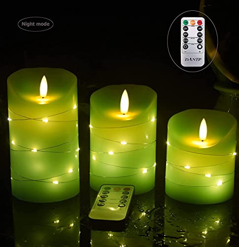 DANIP Green LED flameless Candle with Embedded Star String, 3-Piece Set of LED Candles, with 11 Button Remote Control, 24-Hour Timer Function, Dancing Flames, Real Wax, Battery Powered. (Green) - color: Grass greenN#1*3