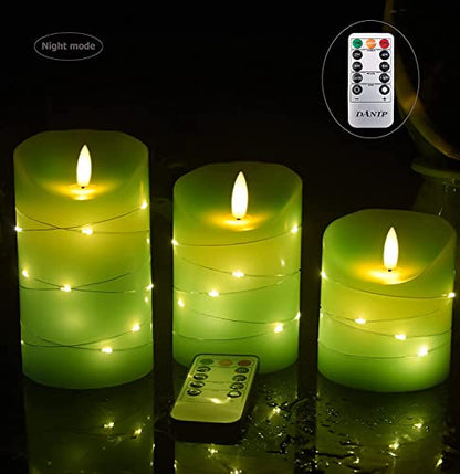 DANIP Green LED flameless Candle with Embedded Star String, 3-Piece Set of LED Candles, with 11 Button Remote Control, 24-Hour Timer Function, Dancing Flames, Real Wax, Battery Powered. (Green) - color: Grass greenN#1*3