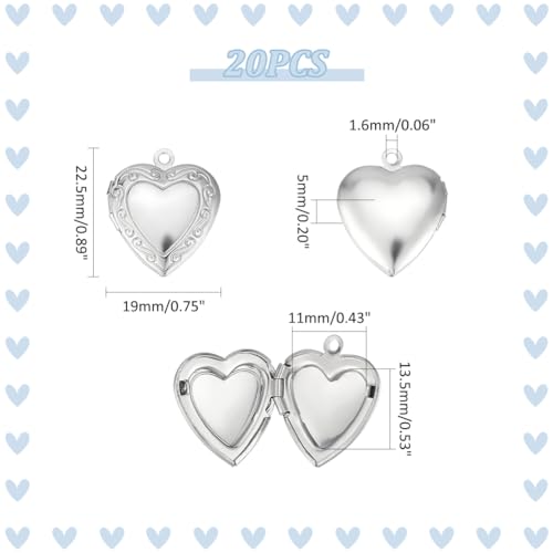 UNICRAFTALE 20Pcs 22.5mm Stainless Steel Photo Pendants Heart Locket Pendants Heart Memory Locket Charms Metal Hearts Charms Photo Lockets Necklace Pendant for Jewelry Making Charms