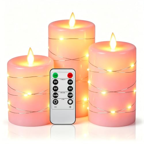 Da by 3 Pack Pink Real Wax Flameless Taper Candles, Lifelike Flickering LED Flame Candles with Surrounding Fairy String Lights, Soft Warm Battery Candles with Remote for Home Wedding Party Decor - color: Rose#3*1