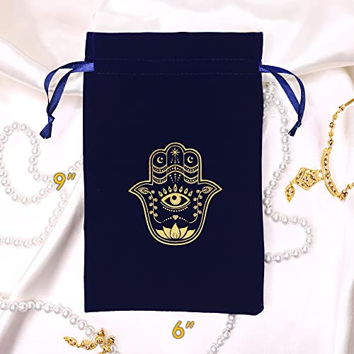 ARTSY CRAFTS 6x9" Hamsa Hand Velvet Jewelry Pouch Gift Bags, Fatima Hand Evil Eye Velvet Drawstring Oracle Tarot Card Rune bags Dice Bag (2pk Royal Blue) - color: 2pk Royal Blue