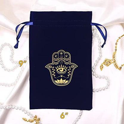 ARTSY CRAFTS 6x9" Hamsa Hand Velvet Jewelry Pouch Gift Bags, Fatima Hand Evil Eye Velvet Drawstring Oracle Tarot Card Rune bags Dice Bag (2pk Royal Blue) - color: 2pk Royal Blue