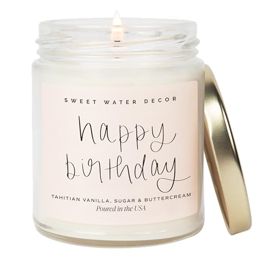 Sweet Water Decor Happy Birthday Soy Candle - Vanilla Sugar & Buttercream Sweet Scented Happy Birthday Candle Gift for Mom, Friends & Girls - 40 Hour Burn Time - 9oz - Non Toxic - style: Happy Birthday
