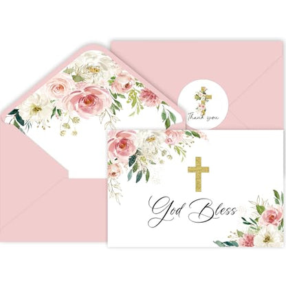 24 Pack Christian Thank You Cards, Watercolor Pink Floral Cross Baptism Thank You Cards with Envelopes & Stickers, VBS Thank You Cards First Communion & Religious Occasions - style: 24 Pcs - Pink Christian
