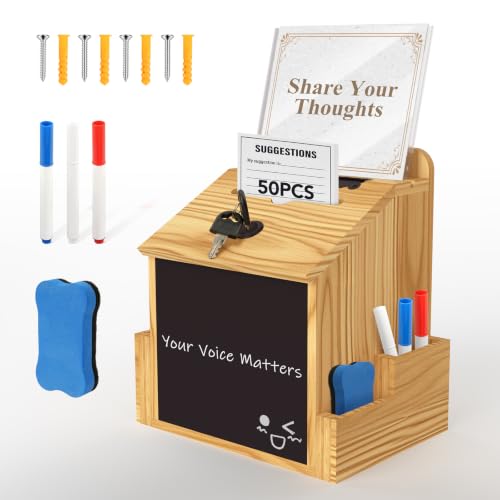 Suggestion Box, Wooden Donation Prayer Box with Slot and Lock for Feedback | Ballot & Fundraising Tip Drop, Wall Mounted Comment Box for Office, Church with 50 Suggestion Cards & Sign Holder