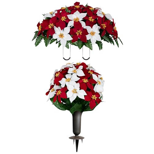 Sympathy Silks Artificial Cemetery Flowers - Gravesite Memorial Arrangment - Red & White Poinsettia - (1) Saddle (1) Bouquet (1) Vase - color: Red & White, size: (1) Saddle (1) Bouquet (1) Vase
