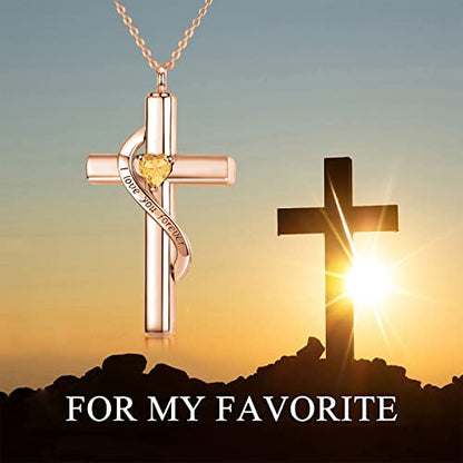 SOULMEET Crystal Cross Necklace for Ashes, Sterling Silver I Love You Forever Birthstone Cross Urn Necklaces for Ashes Keepsake Cremation Jewelry for Pet Human Ashes - style: K-Rose Gold-November