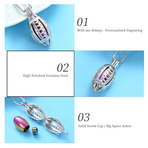Oinsi American Football Cremation Locket Necklace For Ashes Of Loved Ones Stainless Steel Memorial Urn Jewelry Women Men Keepsake Fashion Necklace - color: Silver-Rainbow