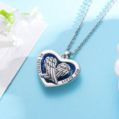 MeiceM Heart Crystal Urn Necklace for Ashes A Piece Of My Heart Lives In Heaven Cremation Jewelry Angel Wings Memorial Keepsake Pendant - color: white gold plated