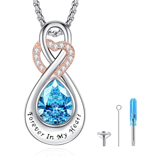 Infinity Urn Necklace for Ashes Sterling Silver Heart Moonstone Turquoise Birthstone Keepsake Memorial Cremation Jewelry for Women - style: Infinity A-03-Mar.-Aquamarine