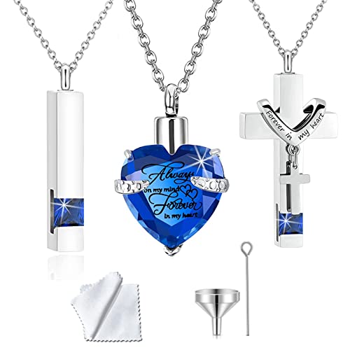 weikui 3 Pieces Heart Cross Cubic Urn Necklace for Ashes for Men Women Cremation Jewelry Crystal Memorial Locket Ashes Pendant Family Keepsake Sharing Jewelry Set - color: 3 Silver Pendants - Blue Custom