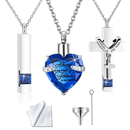 weikui 3 Pieces Heart Cross Cubic Urn Necklace for Ashes for Men Women Cremation Jewelry Crystal Memorial Locket Ashes Pendant Family Keepsake Sharing Jewelry Set - color: 3 Silver Pendants - Blue Custom