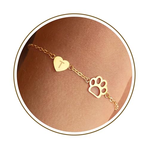 Dog Memorial Gifts for Loss of Dog Paw Initial Bracelet for Women with Heart Dogs Mom Gifts Adjustable Pet Paw Gold Bracelets for Women Memorial Gift for Pet Lover Birthday Jewelry - style: T