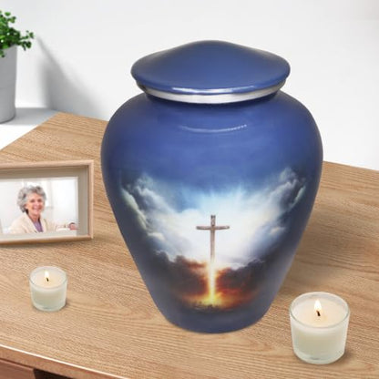 M MEILINXU Cremation Urns for Human Ashes, Grey Blue Cross, Large Adult Urn - color: Grey Blue