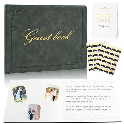 8x10 Inch Wedding Guest Book - 120 Blank & Lined Pages, Gold Foil PU Leather Hardbound Cover, Durable Sewn Binding, Green - color: Green