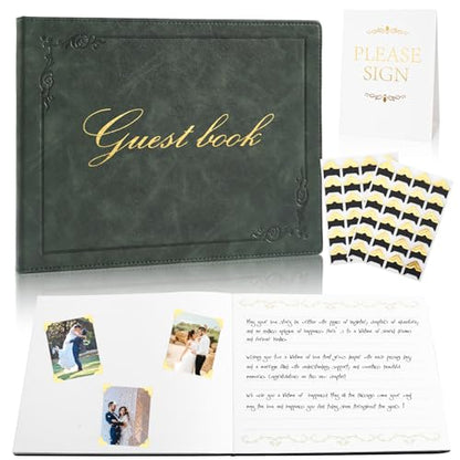 8x10 Inch Wedding Guest Book - 120 Blank & Lined Pages, Gold Foil PU Leather Hardbound Cover, Durable Sewn Binding, Green - color: Green