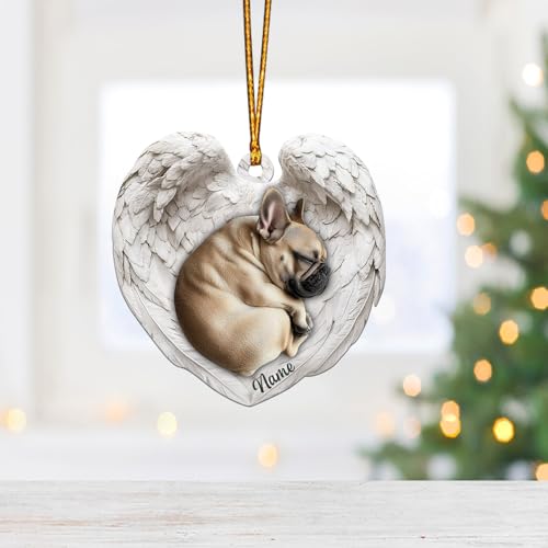 Sleeping Dog French Bulldog Memorial Ornaments with Custom Name, Forever in Our Hearts Ornament, Dog French Bulldog Angel Wings Ornament, Personalized Sympathy Gift for Loss of Pet