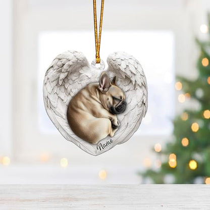 Sleeping Dog French Bulldog Memorial Ornaments with Custom Name, Forever in Our Hearts Ornament, Dog French Bulldog Angel Wings Ornament, Personalized Sympathy Gift for Loss of Pet