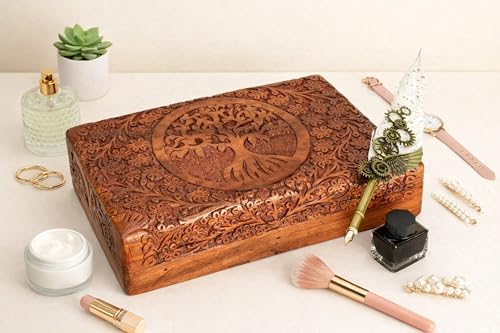 India House-Hand Engraved TREE OF LIFE Wooden Box Keepsake Jewelry Organizer &Storage (Design 13) - color: Design 13