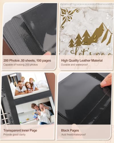 Leather Photo Album 4x6 200 Photos,Slip-in Photo Album Book with 50 Sheets, Travel Souvenir Diary Photo Book for Family Wedding Baby and Holiday Pictures - color: Marble white