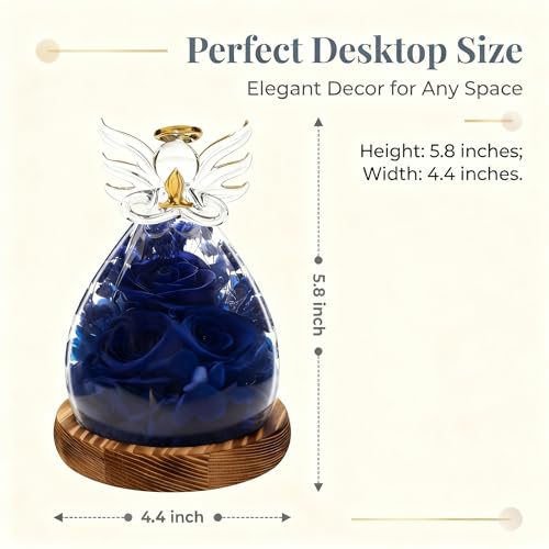 Preserved Rose Eternal Flower in Glass Angel Figurine Real Forever Rose with LED Lights Angel Gifts for Women Birthday Mother's Day Valentine's Glass Dome Blue Sapphire - color: Deep Sapphire Blue
