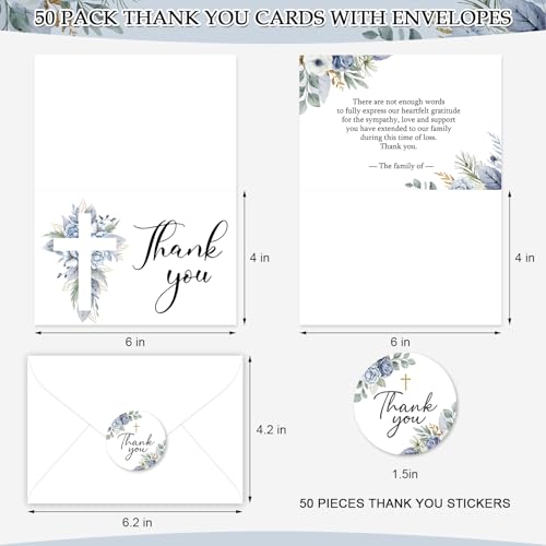 FYSUIMU 50Pcs Funeral Thank You Card Cross Flower Sympathy Boxed Thank You Card with Sticker Envelope Blue Floral Bereavement Cards for Memorial Service Loved Ones Celebration of Life