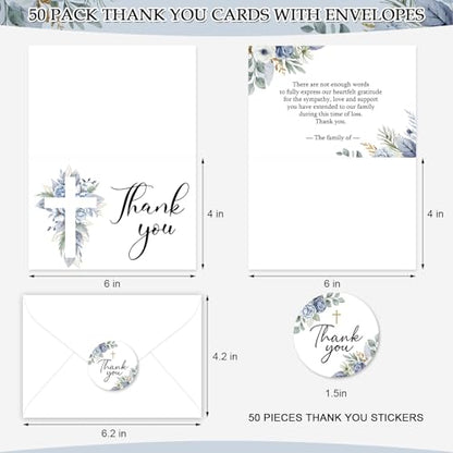 FYSUIMU 50Pcs Funeral Thank You Card Cross Flower Sympathy Boxed Thank You Card with Sticker Envelope Blue Floral Bereavement Cards for Memorial Service Loved Ones Celebration of Life