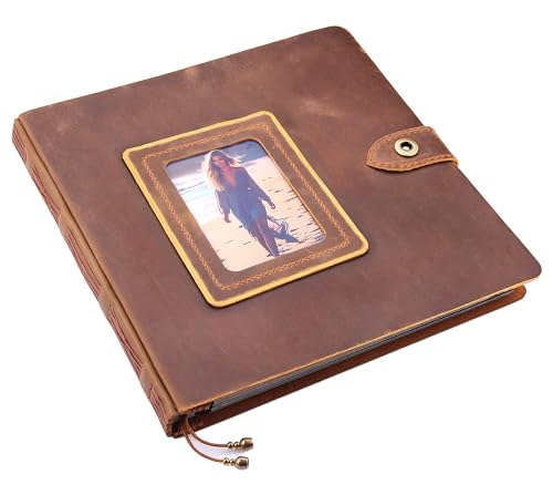 Leather photo Album Self Adhesive Pages, Handamde Leather Scrapbook Photo Album, Wedding Family Album, Holds 3x5, 4x6, 5x7, 6x8, 8x10 Photos - Brown - color: Brown, size: 13.58x13x1.3