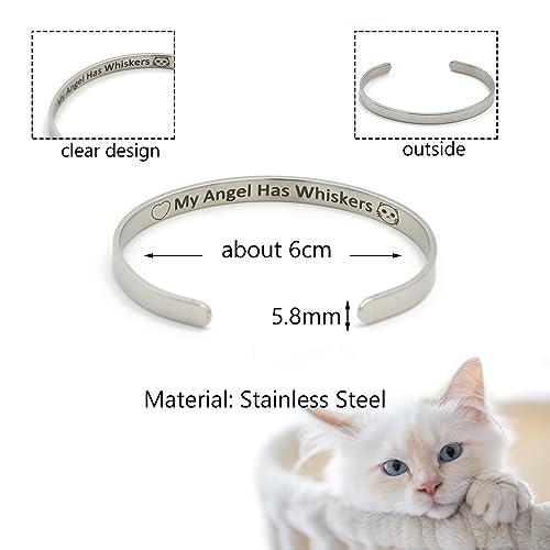 Cat Cuff Bracelet Women Pet Memorial Bangle Cute My Angel has Whiskers Cartoon Engraved Stainless Steel Heart Shape Jewelry Gifts