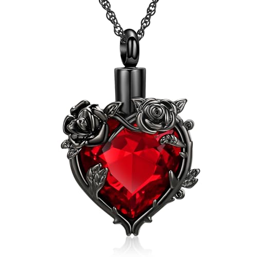 shajwo Cremation Jewelry Rose Flower Heart Urn Necklaces for Ashes for Women Memorial Human Ashes Pendant - color: Black-Red