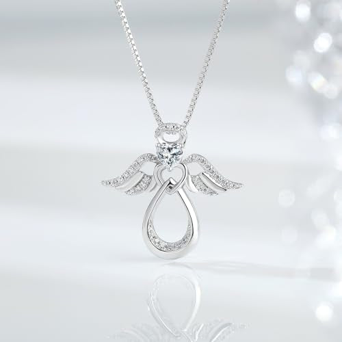 925 Sterling Silver Guardian Angel Pendant Necklace for Women with Birthstone Cubic Zirconia Little Angel Pendant Necklace Jewelry 18 inch Chain - color: 04-April-White