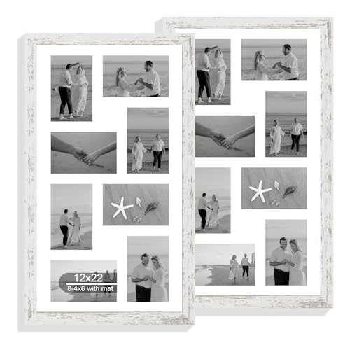 Hongkee 12x22 Picture Frame Set of 2, Collage Eight 4x6 with Mat,Real Glass - color: Distressed White, size: 12x22 in matted to 8-4x6