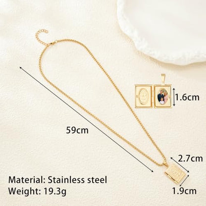 Stainless Steel Photo Locket Necklace for Women, 3mm Box Chain, Personalized Picture Holder Pendant, Waterproof Hypoallergenic Sentimental Jewelry Gift - color: Tree of Life Square Gold