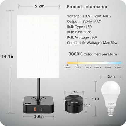 Bedroom Nightstand Lamp with Charger, Touch Table Lamps with Remote Control - color: Ivory White