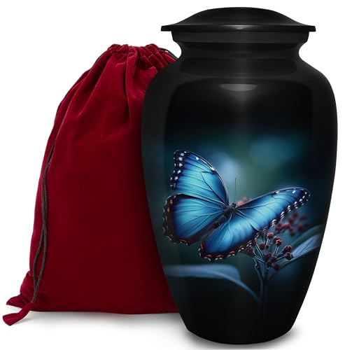 Blue Butterfly Cremation Urn for Human Ashes | Butterfly Flower Decorative Cremation Urn for Adults, Handmade Funeral Urns with Velvet Bag - color: Blue Butterfly, size: 1 Large Urn