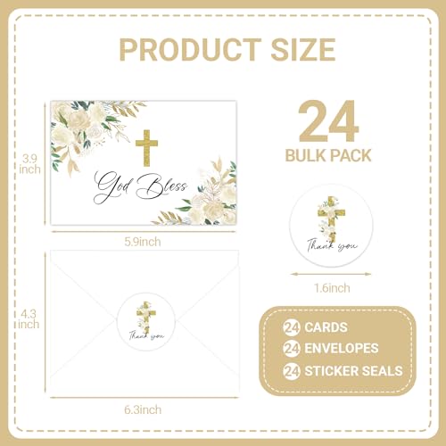 24 Pack Christian Thank You Cards, Watercolor Floral Cross Baptism Thank You Cards with Envelopes & Stickers, VBS Thank You Cards First Communion & Religious Occasions - style: 24 Pcs - Golden Christian