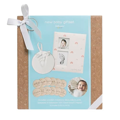 Little Pear New Baby Giftset, Rainbow Baby Keepsake Book with Included Ink Pad, Wooden Monthly Milestone Discs, Newborn Clay Handprint and Footprint Hanging Keepsake - color: New Baby Giftset
