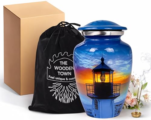 Urn Human Ashes Adult Male/Female,Creamation Urn for Human Ashes Adult Man/Women,200+ Cubic inch Capacity,Decorative Burial Urn, Funeral Cremation urns_ Lighthouse 10x6 Sky Blue Multi - color: Sky Blue Multi, size: Lighthouse 10x6
