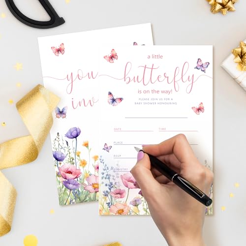 20 Butterfly Baby Shower Invitations, for Girls (054) | Purple Pink Butterflies and Flowers Theme Invite Cards with Envelopes, 4x6 Inch Baby Shower Invites