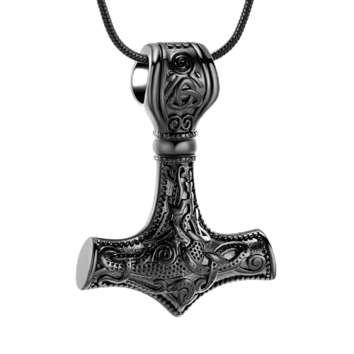 Mjolnir Thors Hammer Cremation Jewelry for Ashes Pendant - Thors Hammer Urn Necklace with Mini Keepsake Urn Memorial Ash Jewelry For Men/Women - color: Thor Hammer-Black