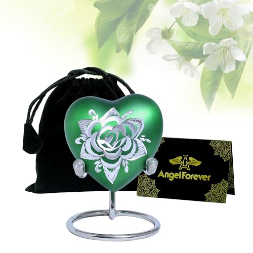 Rose Heart Keepsake Urn for Human Ashes Floral Mini Memorial Urn with Stand & Velvet Gift Box (Green) - color: Green
