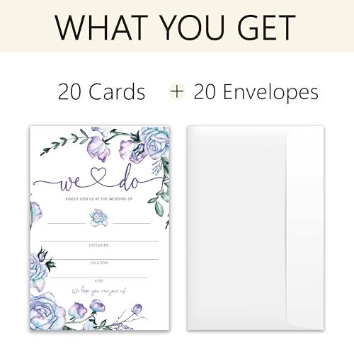 Wedding Invitations - We Do - 20 Invitation Cards 4”x6” with 20 Envelopes - Romantic Elegant Purple Floral Style Wedding Invitations for Mr & Mrs Celebration.(043)