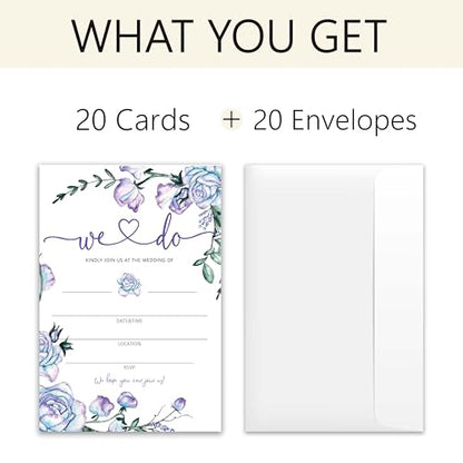 Wedding Invitations - We Do - 20 Invitation Cards 4”x6” with 20 Envelopes - Romantic Elegant Purple Floral Style Wedding Invitations for Mr & Mrs Celebration.(043)