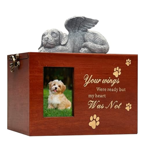 Dog Urn for Ashes Box with Picture Black Funeral Cremation Box Wooden Keepsake with Flannel Lining for Loss of Cat or Dog Remembrance Gift（Red-Brown Dog Urn-Large） - color: Dog Urn-red Brown-wings, size: Large