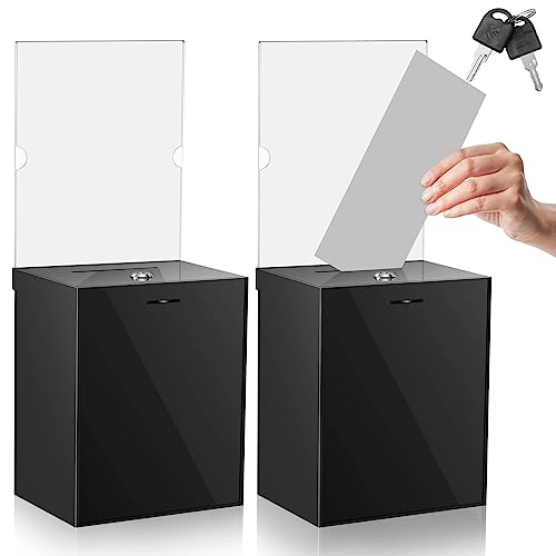 2 Pack Acrylic Donation Box with Lock Tall Tip Jars 8.2 x 6.7 x 5 In Suggestion Ballot Box with Sign Holder Large Locking Raffle Voting Container for Fundraising Ticket Collection(Black)