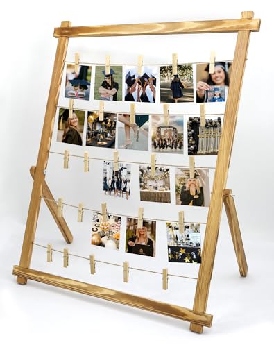 FramePro Wood Photo Display Board with Clips (Carbonized) | Freestanding stable desktop frame, holds up to 30 photos, ideal graduation table centerpiece decor - color: Carbonized Brown