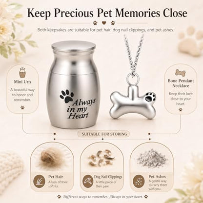 Pet Memorial Gift Set for Loss of Dog Cat | Resin Paw Print Box, Stainless Steel Cremation Urn, Waterproof Ashes Necklace (Bone&Heart), Pet Hair Keychain sympathy gift