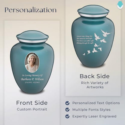 Geturns Embrace Adult Personalized Doves Cremation Urns for Human Ashes I Large Picture Teal Funeral Urn for Adult Men and Women with Double Side Engraving I 200 lbs - color: _Teal (Double Sided)