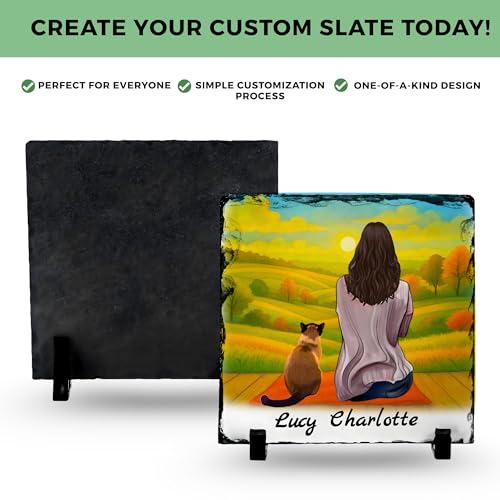 Personalized Photo Rock Slate Frame - 1 Cat Mom - Square Shape | Custom Stone Plaque Picture Frame, Cat Gift for Women, Cat Lover Gifts for Women, Birthday, Christmas, Mother’s Day - color: Mom-1Cat-Slate